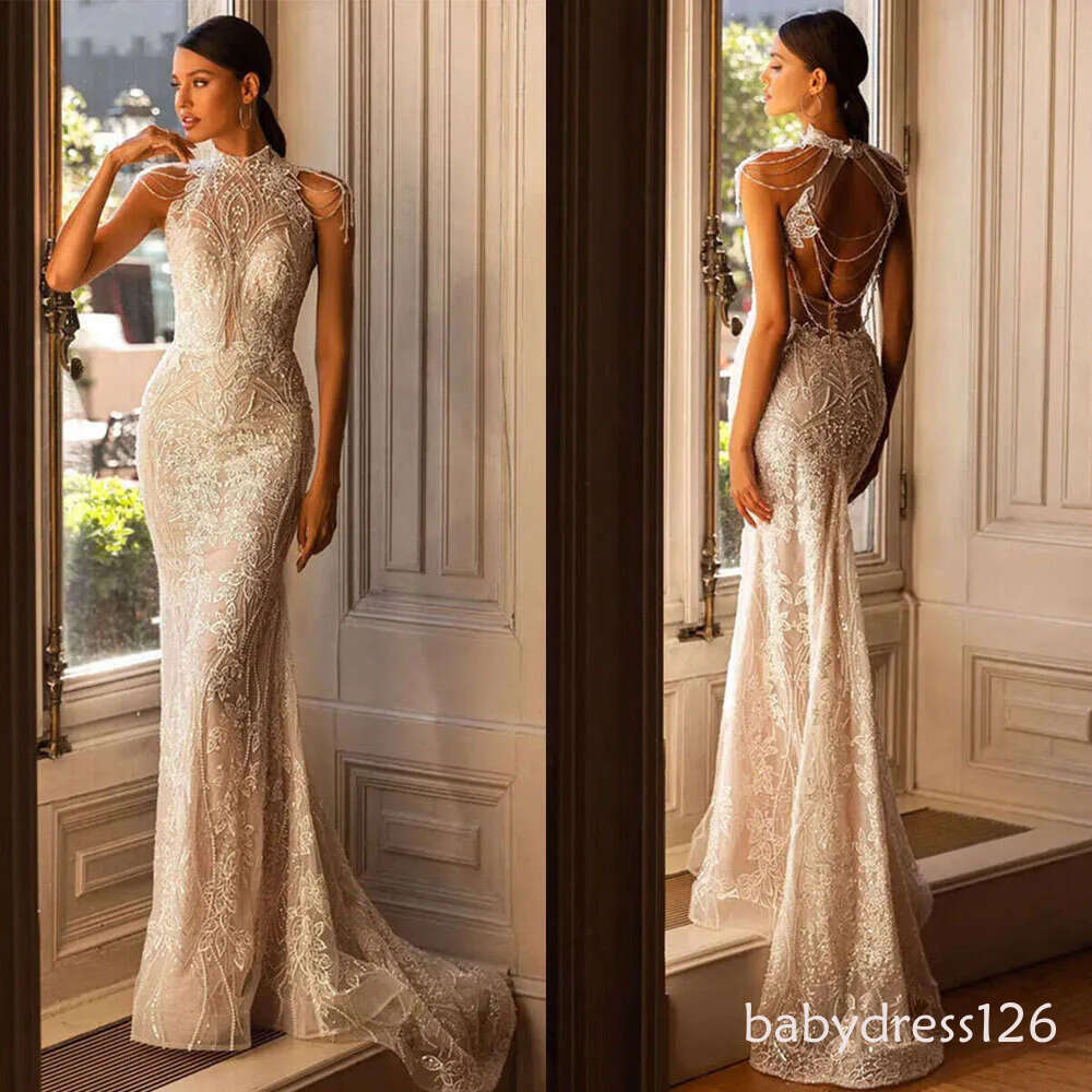 Princess Mermaid Wedding Dresses Beading Appliqued Lace Bridal Gowns Custom Made Backless Sweep Train Robe De Mariee