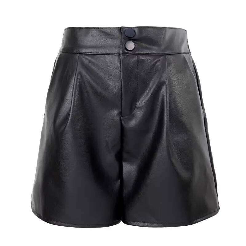 Black Leather Shorts Women's plus Size High Slimming Casual Wide Leg Boot Cut Pants Korean Style Low Waist XJ260206