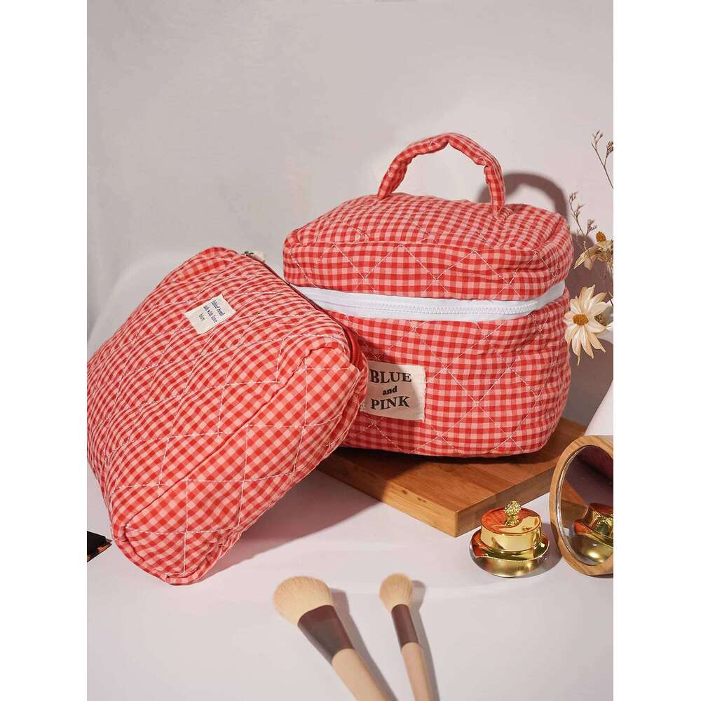 Large Capacity Cotton Makeup Women Checkered Brushes Storage Sweet Cute Travel Toiletry Bag Casual Ladies Soft Organizer Y260206