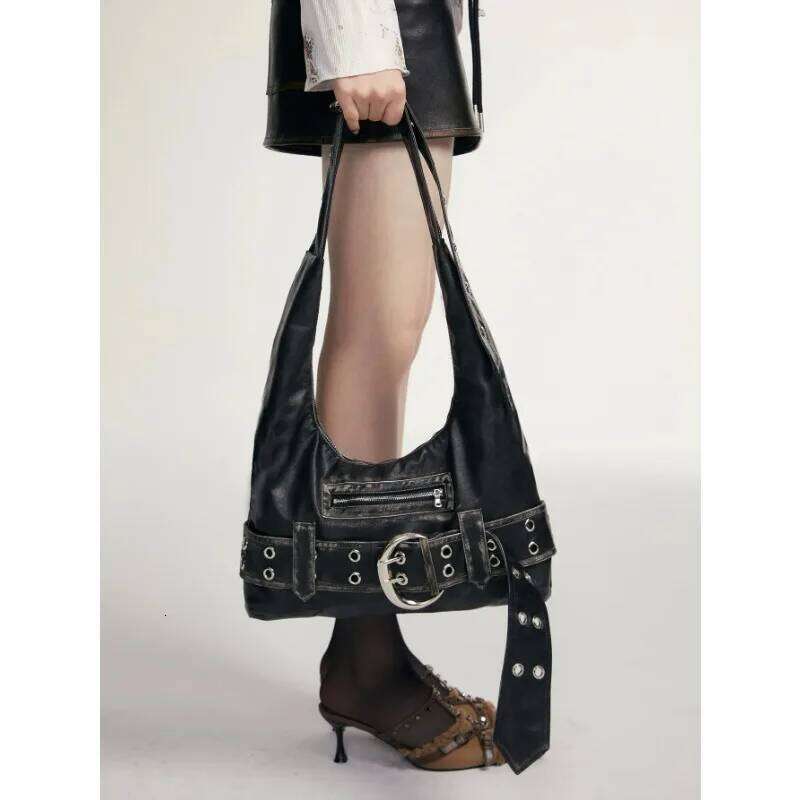 Belt buckle Women Luxury Designer Handbag And Purses PU Rivet Multiple Pockets Y2K Large Capacity Shoulder bags big totes Y260205