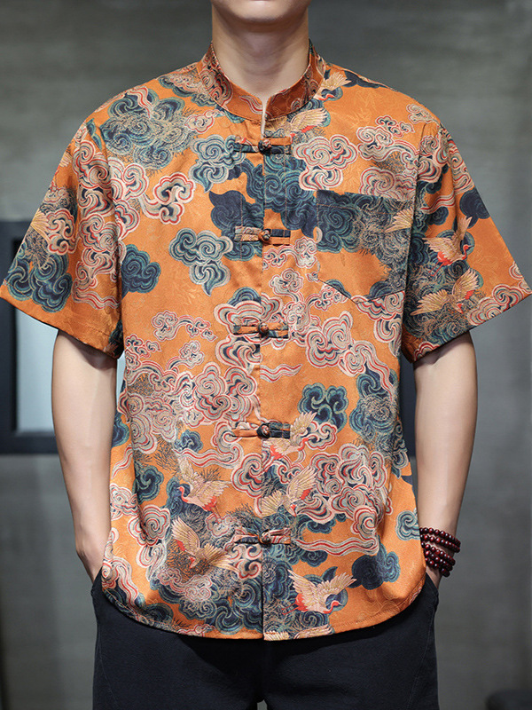 2026 Summer New Chinese Style Men's Ice Silk Loose Shirt Breathable Large Size M-5XL Pan Button Short Sleeve