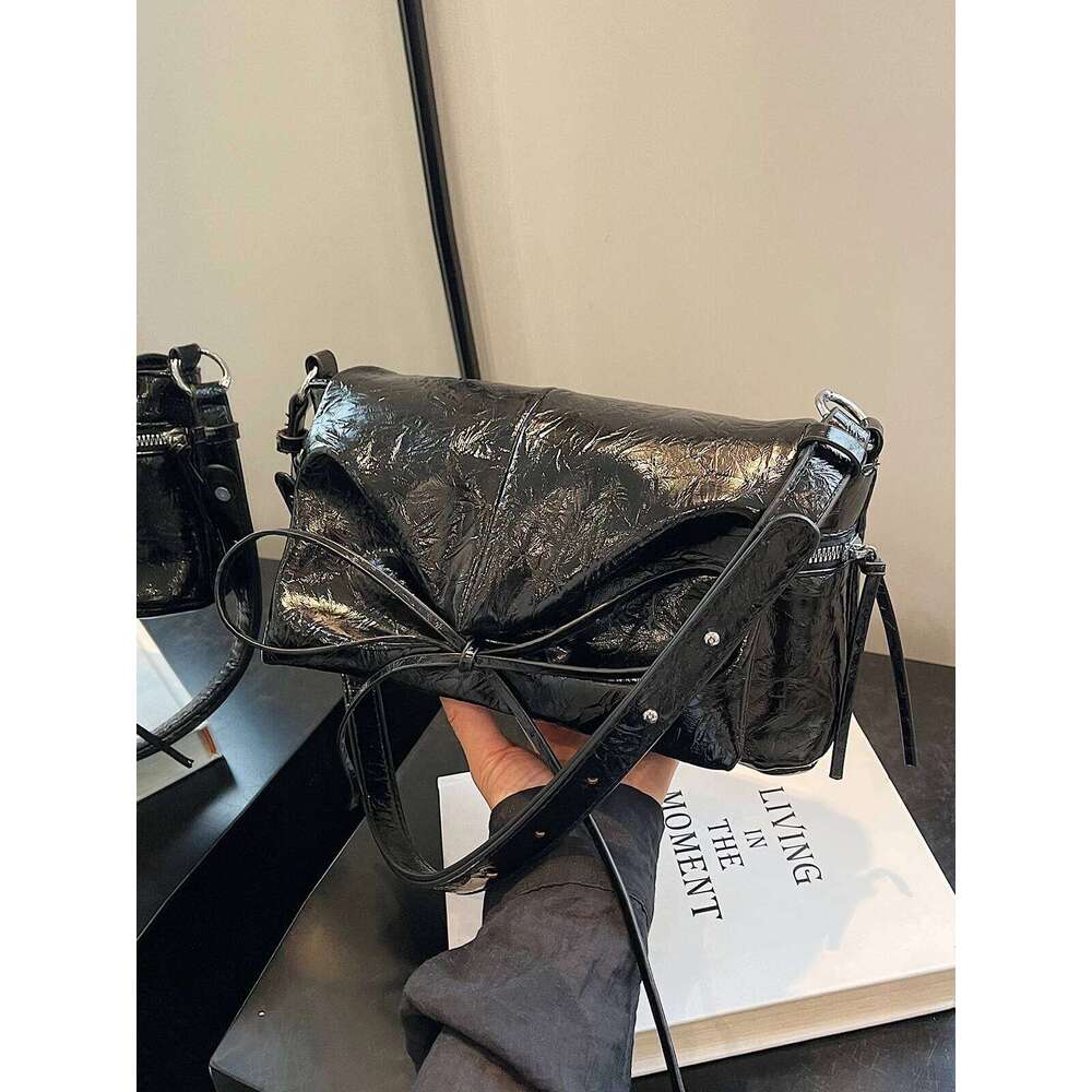 Fashion Lacquer Bright Bow Fold Leather Pattern Single Shoulder Casual Simple And Versatile Personalized Women Bag Y260205