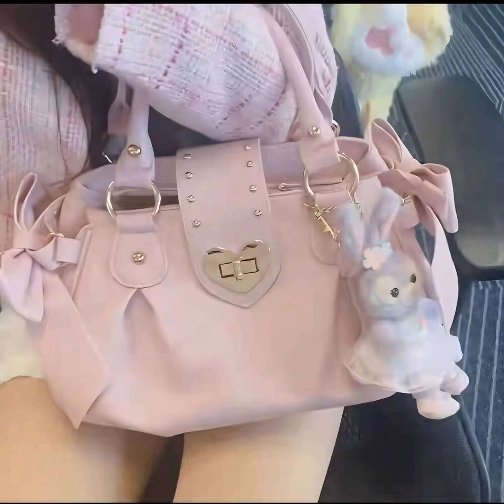 Sweet Bow Lolita Pink Hand Purse Women Harajuku Love Heart Soft Crossbody Lady Kawaii Large Capacity Shoulder Bag Female Y260205