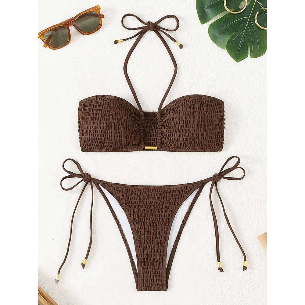 Halter Tie Side Pleated Smocked Women Bandeau Swimsuit Female Swimwear Two Pieces Bikini Set Bathing Suit Swim Beach Wear XJ260206