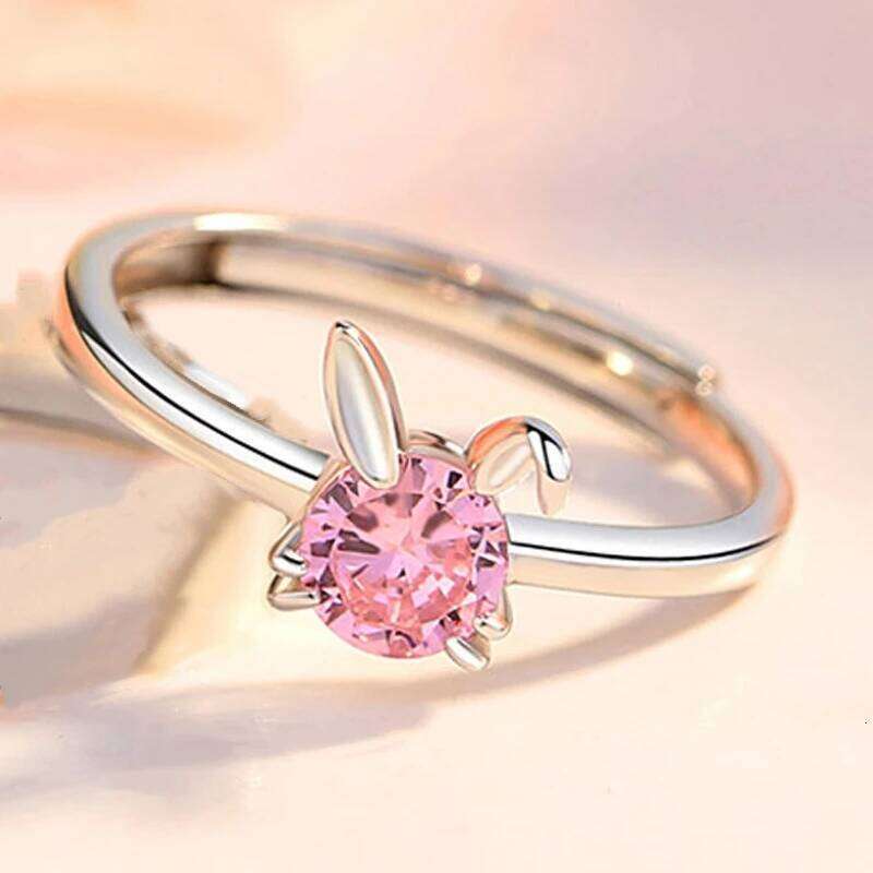 New Sweet Cute Rabbit Carrot Couples Rings White/Pink Crystal Bunny Silver Color Adjustable Open Lovers Ring For Women Gift W260206