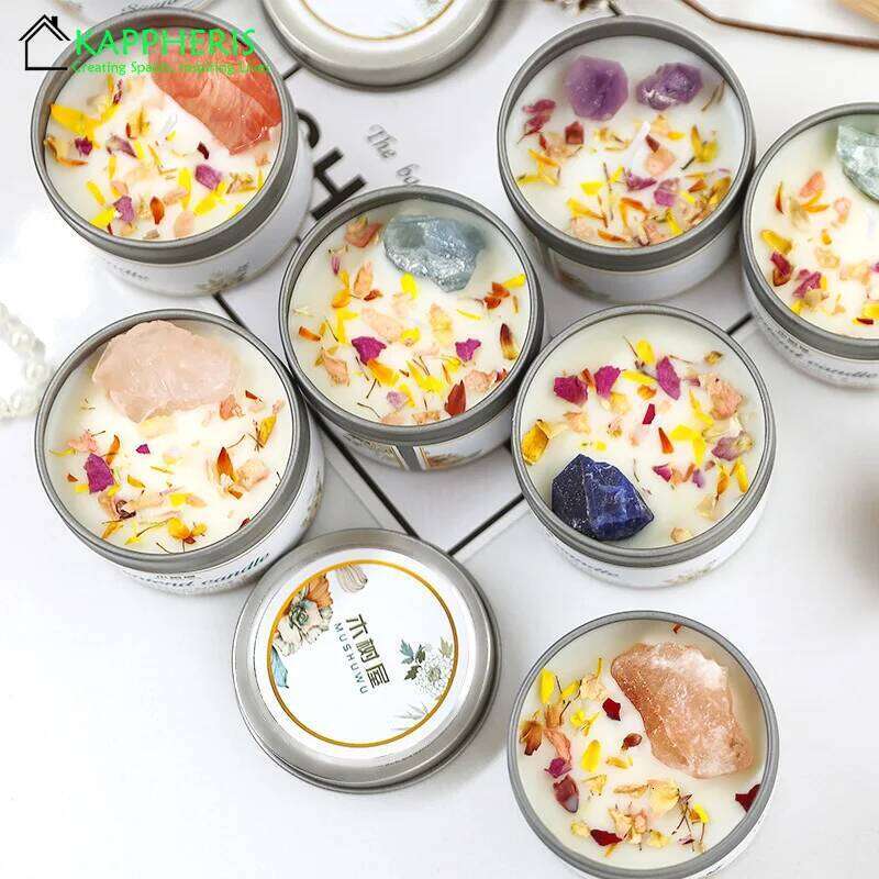Scented Aromatic Crystal Dried Flower Candle In Gold Tin Jars for Home Decoration Centerpiece Wedding Guest Gift Candles S260205