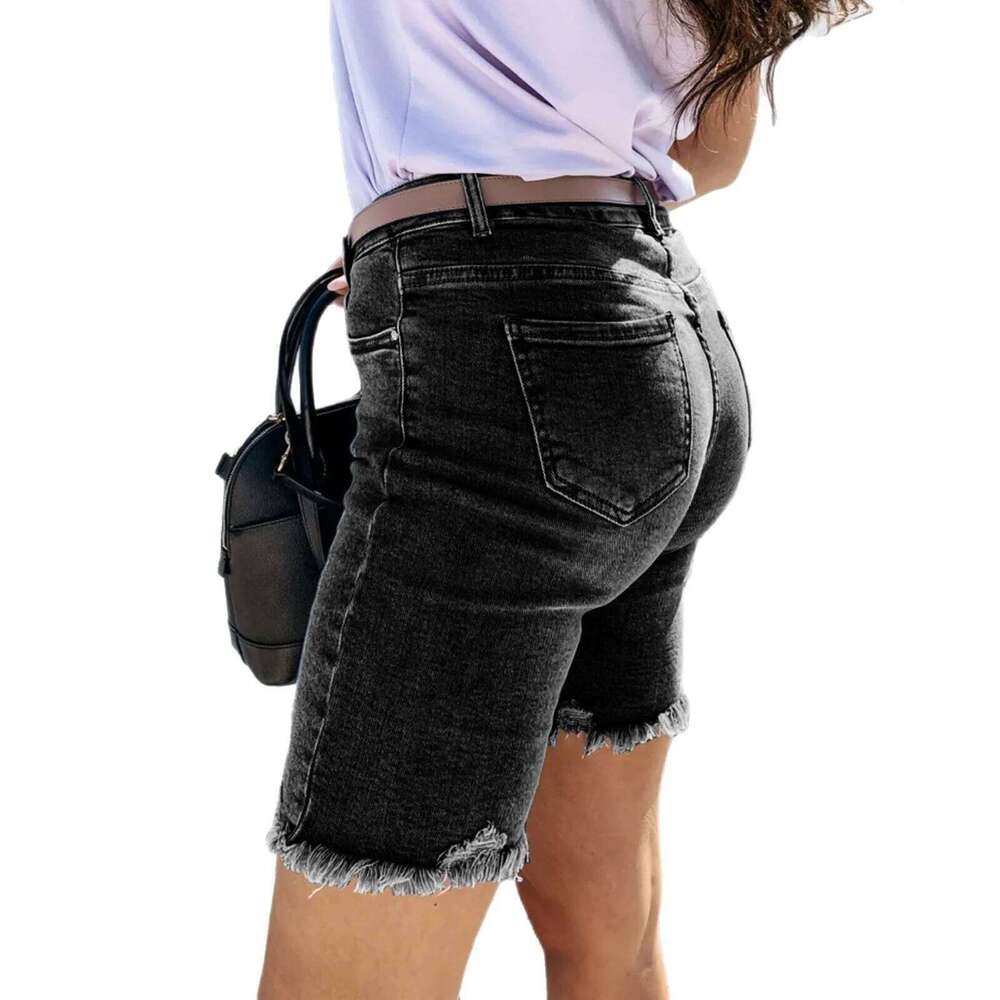 Summer New Fringed Design Mid-length Jeans. Ladies' Street Fashionable Washed Ripped, Slim-fit Straight Leg Casual Denim Shorts C260206