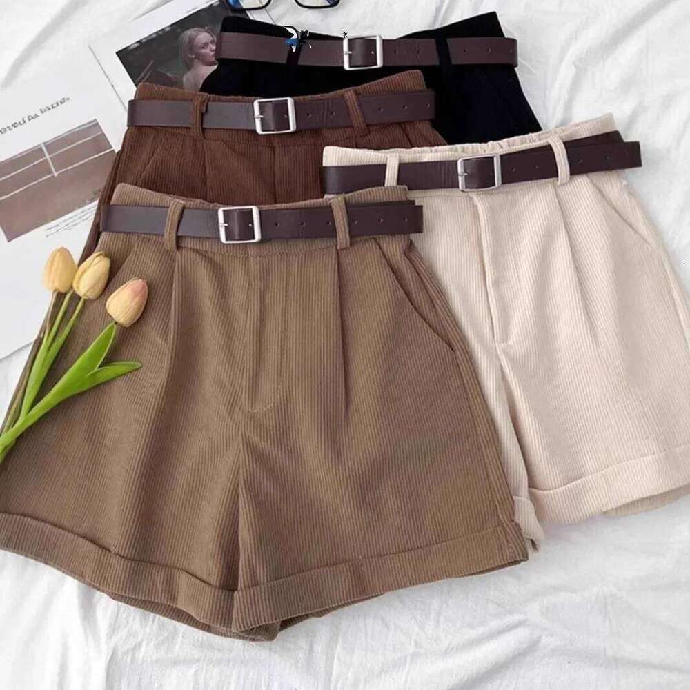 Retro Corduroy High Waist Short Women's Autumn Winter Slim Wide Leg Pants Small Size Design Sense Cuffed Fashion Boot Pant XJ260206