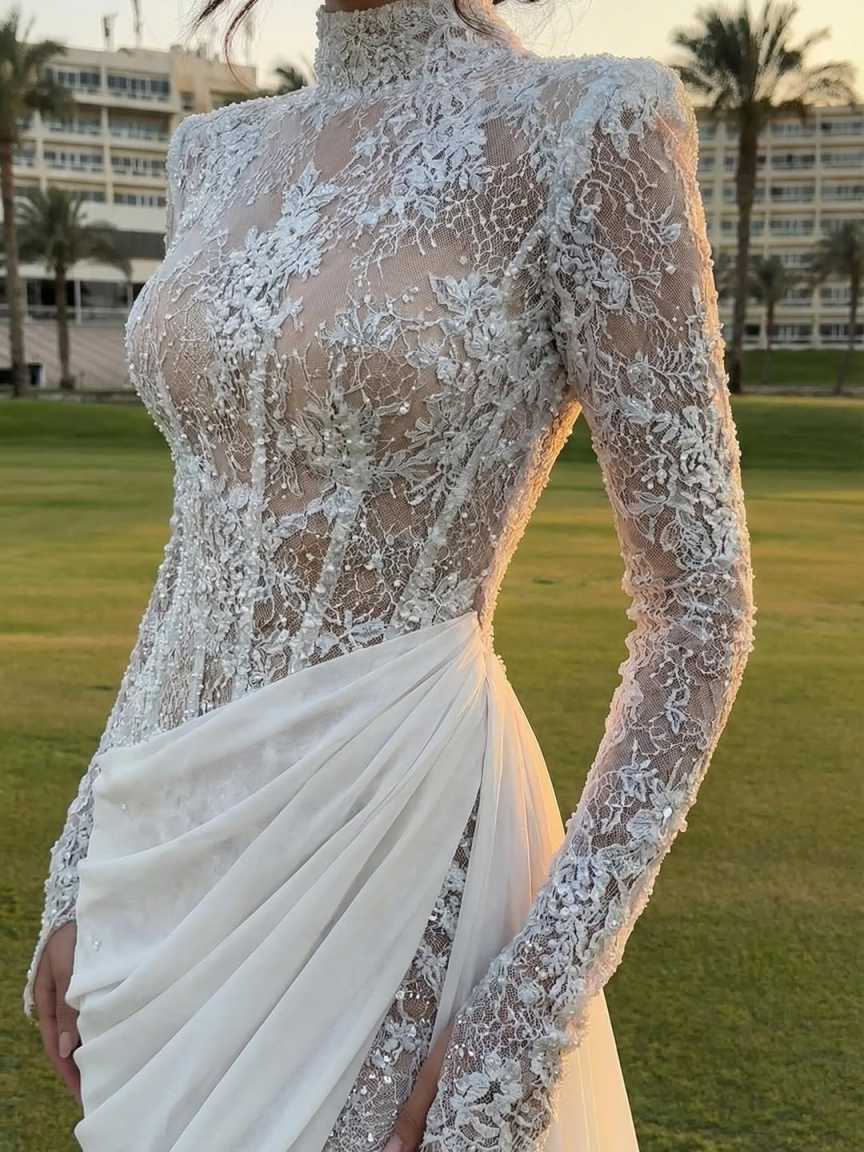 Fantasy Floral Buttons Back Wedding Dress Shiny High Neckline Lace Romantic Sheer Delicate Bridal Gown With Detachable Train