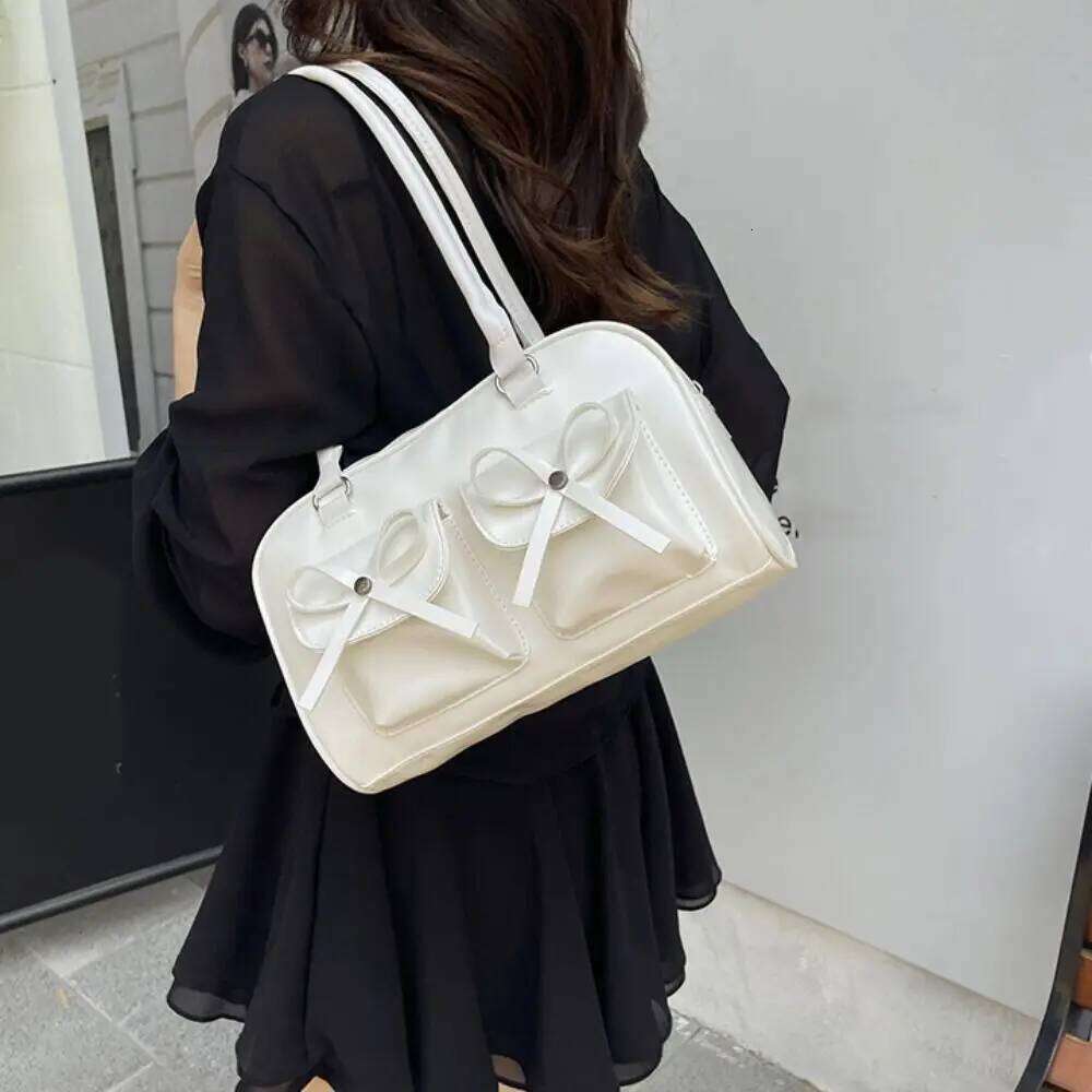 French Style Bow Ribbons Bowling Elegant PU Leather Boston Shoulder Casual Large Capacity Women Handbags Underarm Bag Y260205