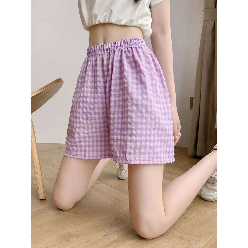 Summer Home Shorts Women's High Waisted Slimming Wide Leg Sports Casual Loose Plaid Pajama Pants XJ260206