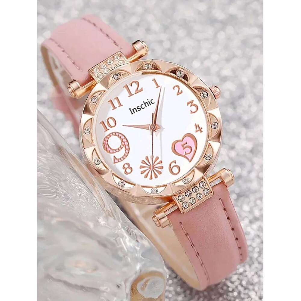 Women's quartz watch and set of inlaid jewelry, gift with heart-shaped fireworks design, does not include the box Z260206