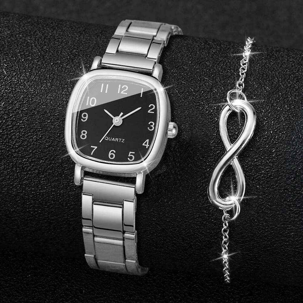 2PCS Fashion Square Arabic Dial Women Quartz Wristwatch Ladies Alloy Strap Watch With Bracelet Reloj Mujer Without Box Z260206