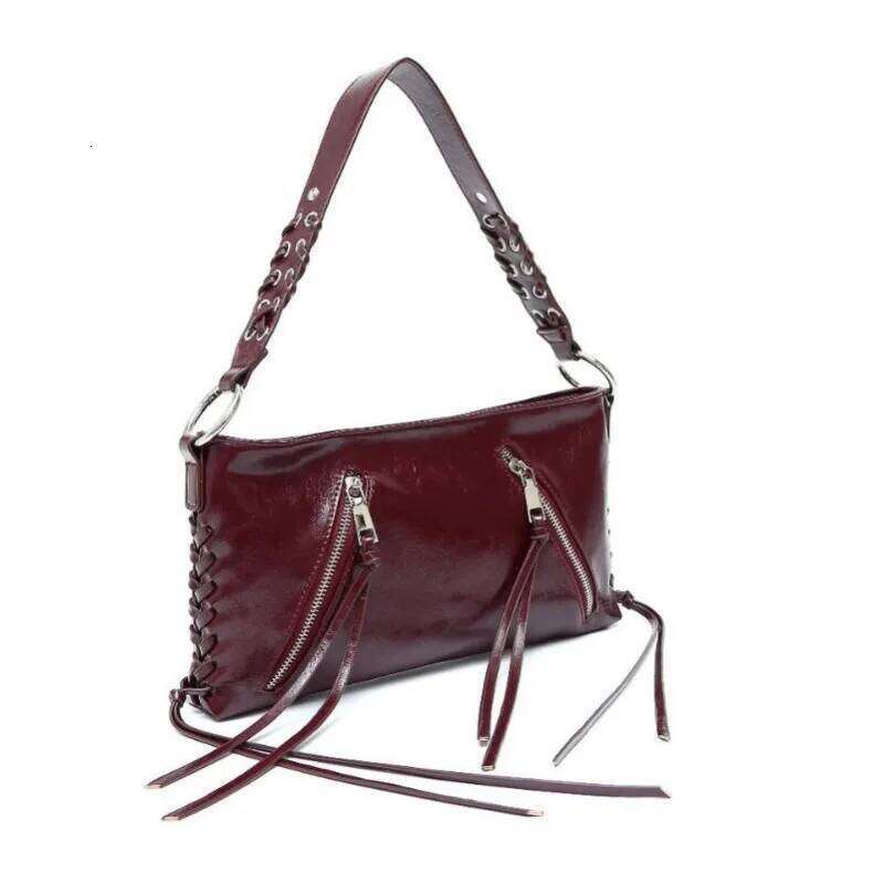 Designer Tassel Rope Strap Metal Studded Shoulder Bag,Vintage Burgundy Women Handbag,Elegant Rivet Commuter Everyday Chic Purse Y260205