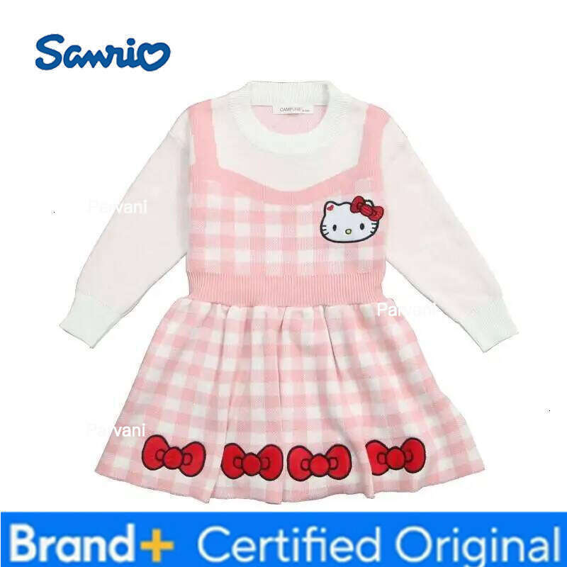 Sanrio Hot Hello Kitty Knitted Dress Kawaii Autumn and Winter Fashion Long Sleeves Student Casual Children Cloth False Two-Piece H260206 - view 7