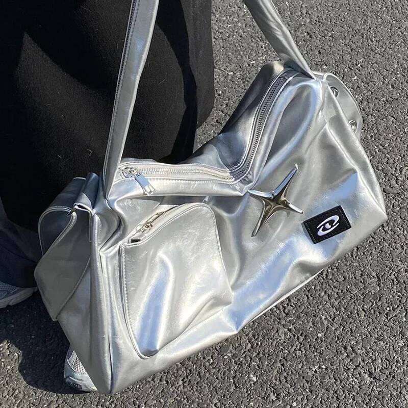 Silver Y2k Tote Bags for Women Aesthetic Luxury Designer Large Capacity Shoulder Bag Commuter Pu Leather Shopper Handbag Y260205