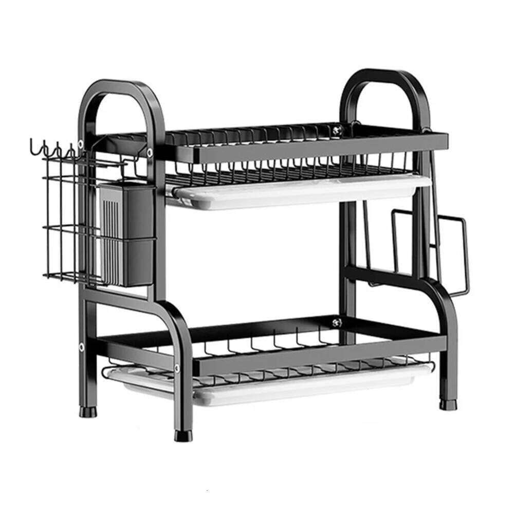 2 Tier Drainer with Drainboard Dish Rack Large Capacity Household Tray Box Basket Saving Space for Small Kitchen Countertop 26H0206
