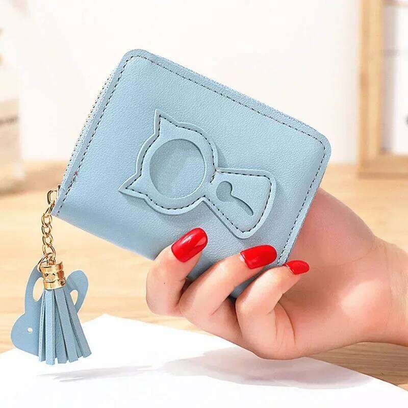 Korean Cute Cat Print Women Short Wallet Zipper Clutch Bag Coin Purse Credit Card Holder with Tassel Pendant Y260206
