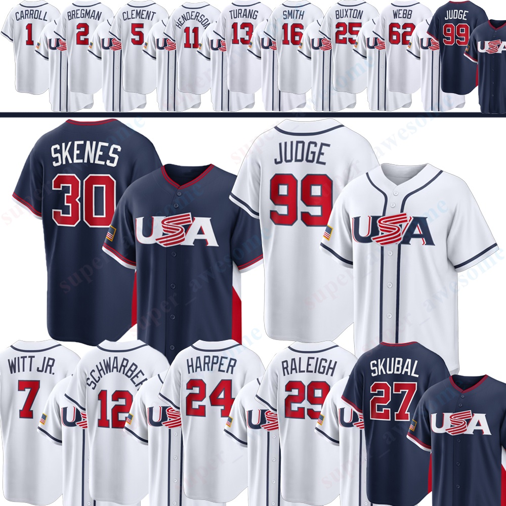 Team USA Baseball Jersey Aaron Judge Paul Skenes Bobby Witt Jr Kyle Schwarber Cal Raleigh Bryce Harper Corbin Carroll Gunnar Henderson Logan Webb Ernie Clement Smith