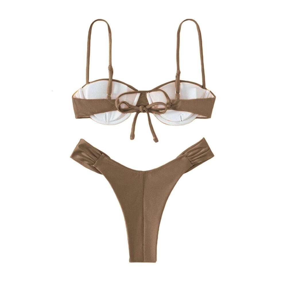 Classics Basics Women Swim Bikini Suit, Solid Color Pleated Sleeveless Bra+ Shorts Briefs Swimwear Swimsuit Z260206