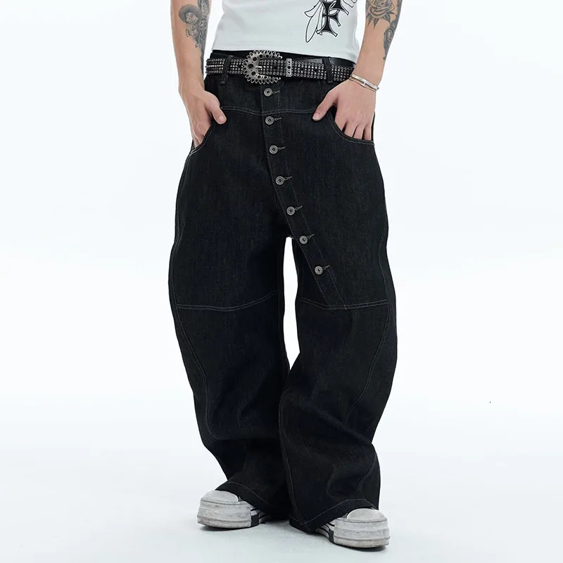 Korean High Street Buckle Curved Jeans Autumn MenS Loose Straight Leg Pants Black Wide Casual HipHop 260127