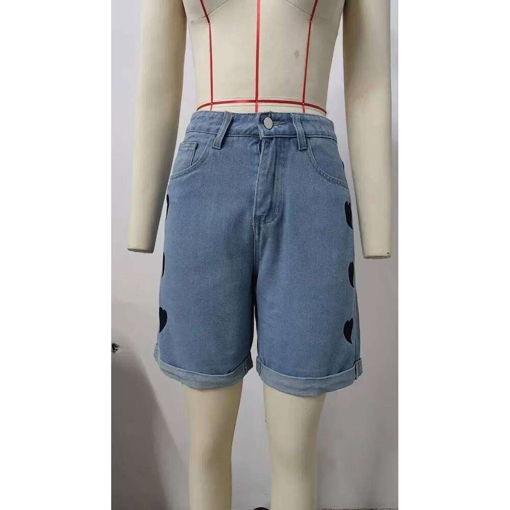 Jeans Short Pants Women Print Shorts Mid Waist Distressed Washed Pockets Knee Length Denims Streetwear Straight Trousers C260206