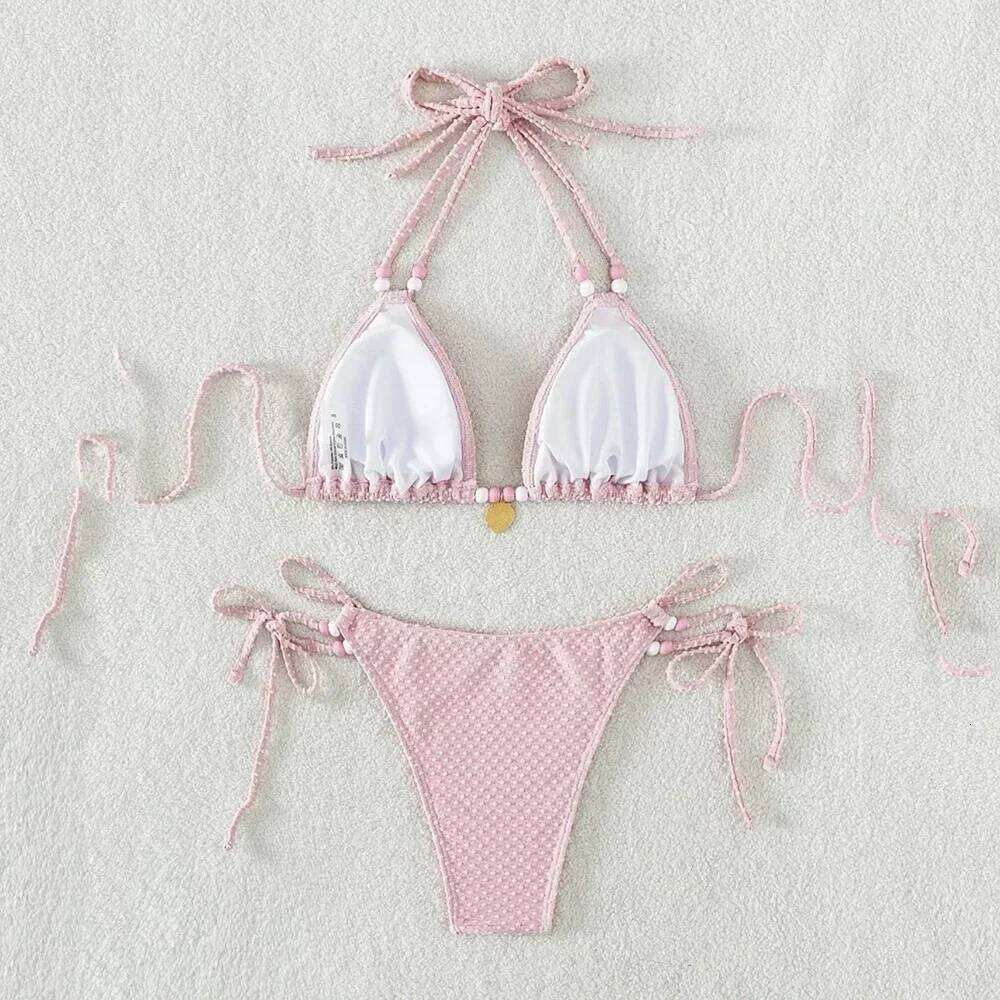 Sexy Pink Micro Thong Bikinis Sets Bead String Halter Swimwear Women Mini Swimsuit Bathing Suit Lace-up Biquinis Triangle Bikini Z260206