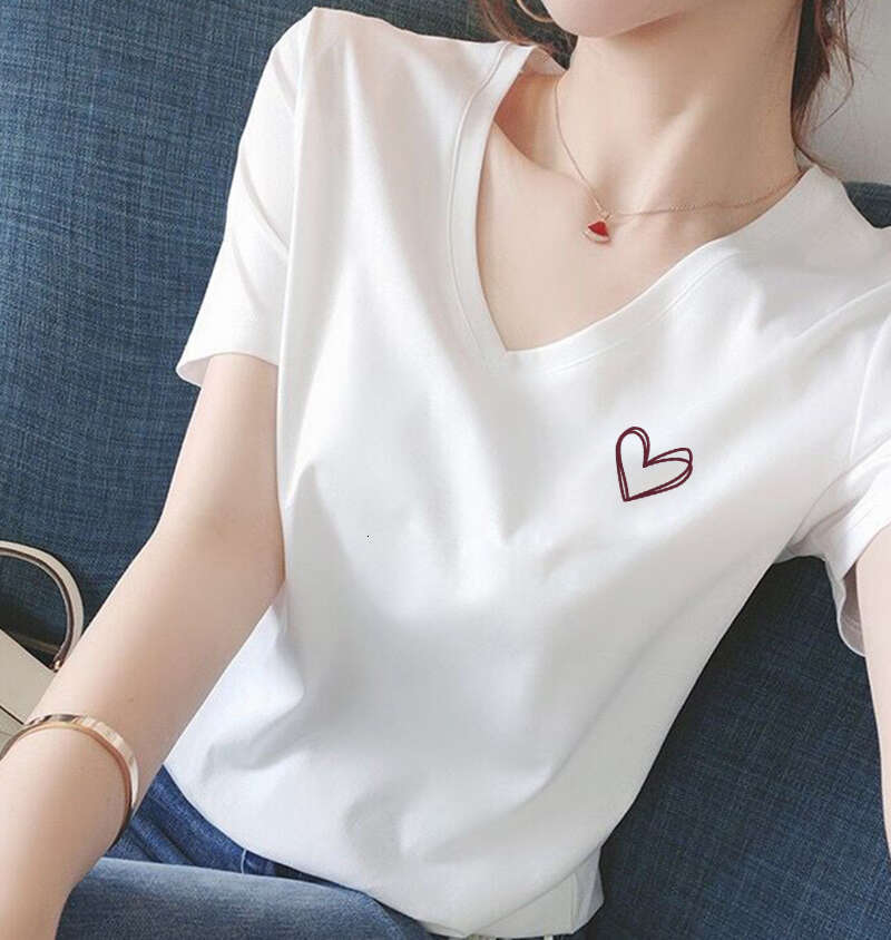 Summer V-Neck Regular Shoulder Pure Cotton Short Sleeve T-Shirt For Women Korean Fashion Versatile Age-Reducing Slimming White Top Base Shirt Trendy