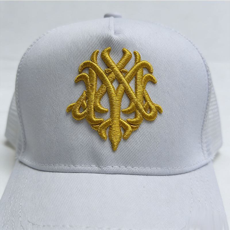 Men's Women's White Gold Embroidery Mesh Cap Adjustable Curved Brim Streetwear Hat