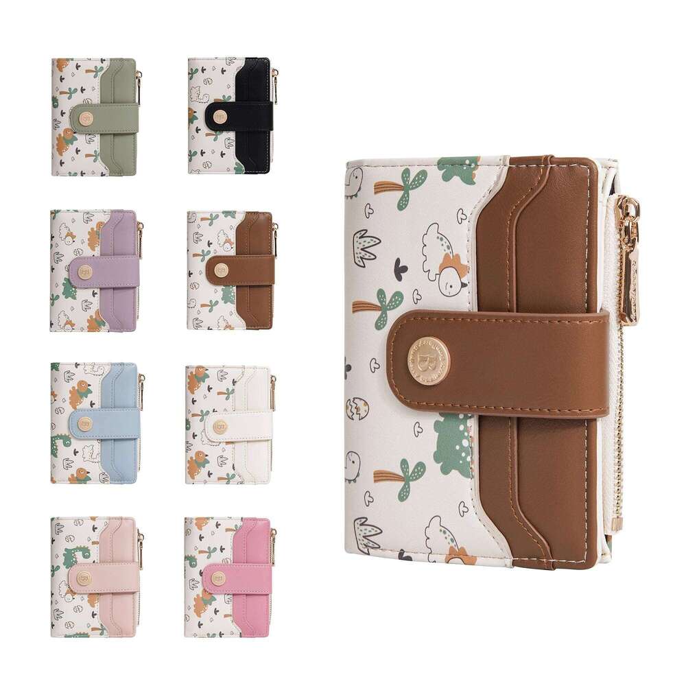 1Pcs Women's Cartoon Dinosaur Animal Print Short Wallet, with Top Zipper Coin Pocket and Snap Button, Multi-Card Slot Fashion Wallet Y260206
