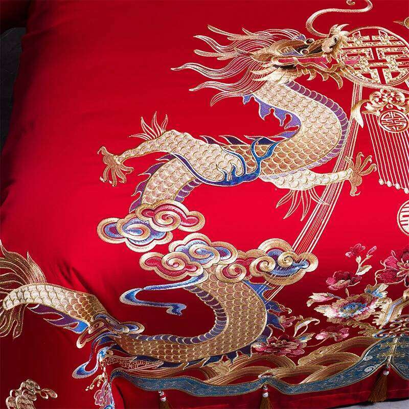 6Pcs Luxury Chinese Dragon Phoenix Embroidery With Tassel Wedding Bedding Set 100% Cotton Duvet Cover Bed Sheet Pillowcases XJ251225