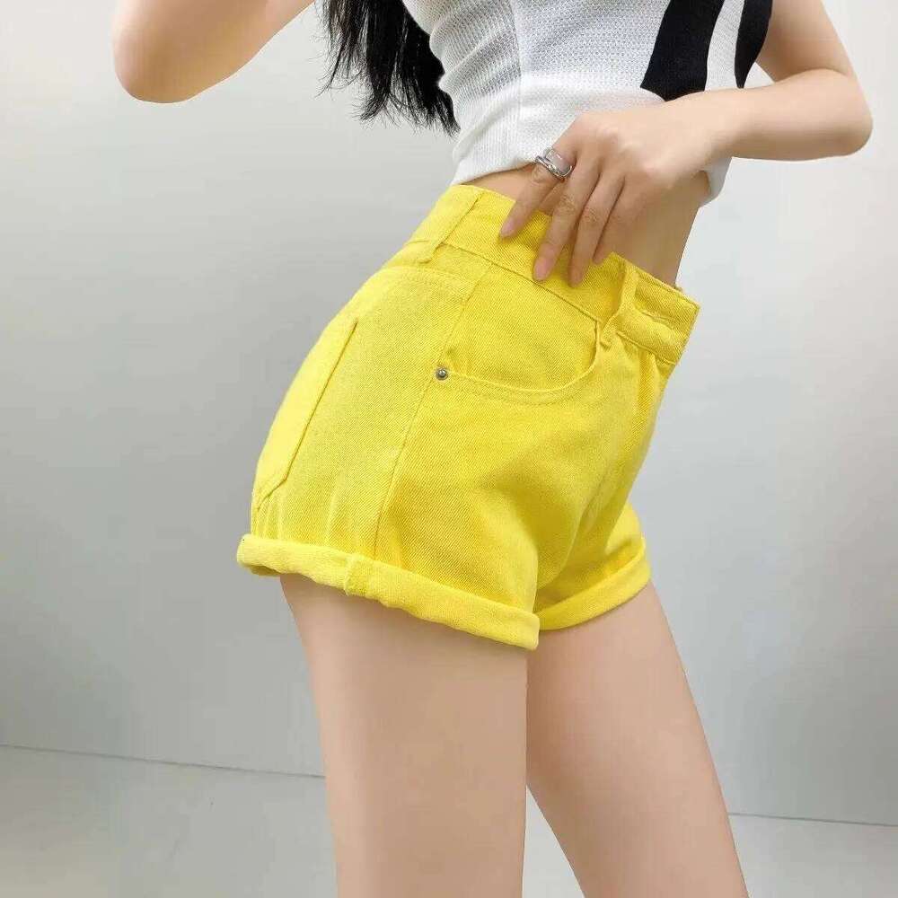 Summer Denim Shorts Women Lemon Yellow A-shaped Wide Leg Curled Jeans Hot Pants C260206