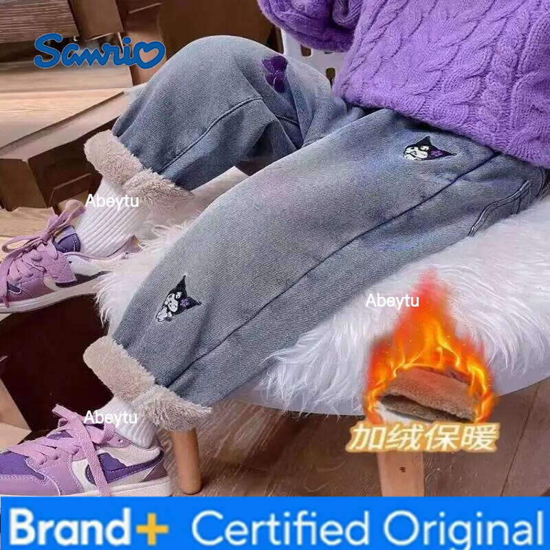 Sanrio Hello Kitty Kuromi Jeans Fleece-Lined Thickened Warm Cartoon New for Girls Baby Children Winter Fashionable Denim Pants H260206