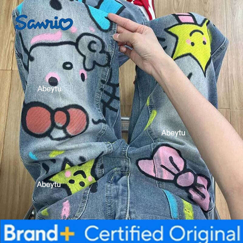 Sanrio American Vintage Hello Kittys Jeans Cartoon s Graffiti Wide Leg Pants Y2K Girls High Waisted Straight Trousers Streetwear H260206