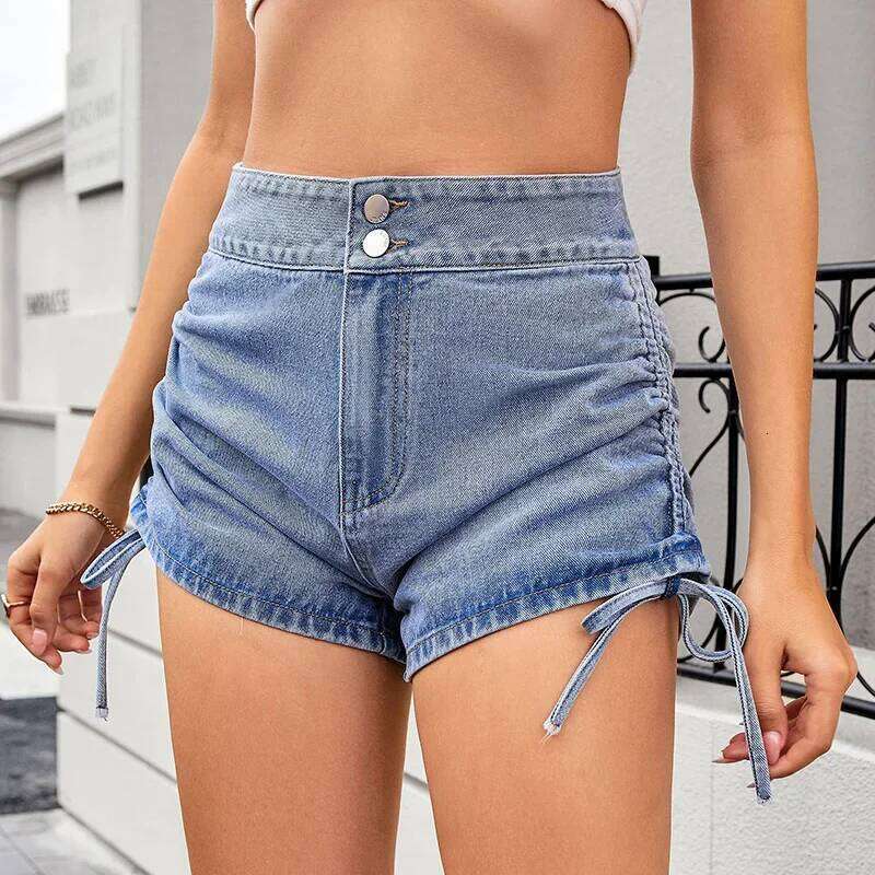 High Waist Drawstring Side Denim Women Summer New Streetwear Retro Matching Casual Wide Leg Jean Shorts C260206