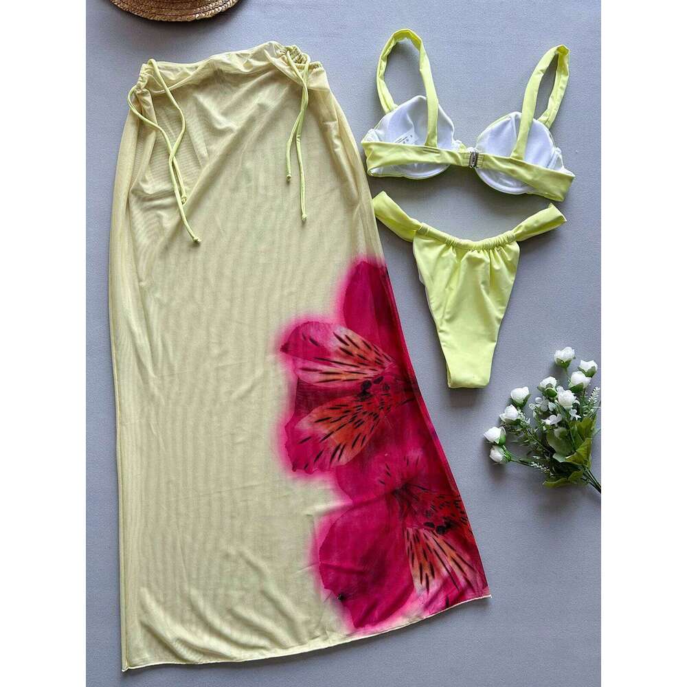 Sexy 2025 Push Up Bikini Set 3 Pieces Swimwear Low Waist Biquini Swimsuit Summer Brazilian Bathing Suit Floral Beachwear Skirt Z260206