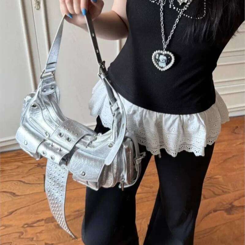 JIAERDI High Street Silver Y2k Shoulder Women Rivet Pocket Chic Casual Underarm Bag Hot Girls Moto Biker Crossbody Bags New Y260205