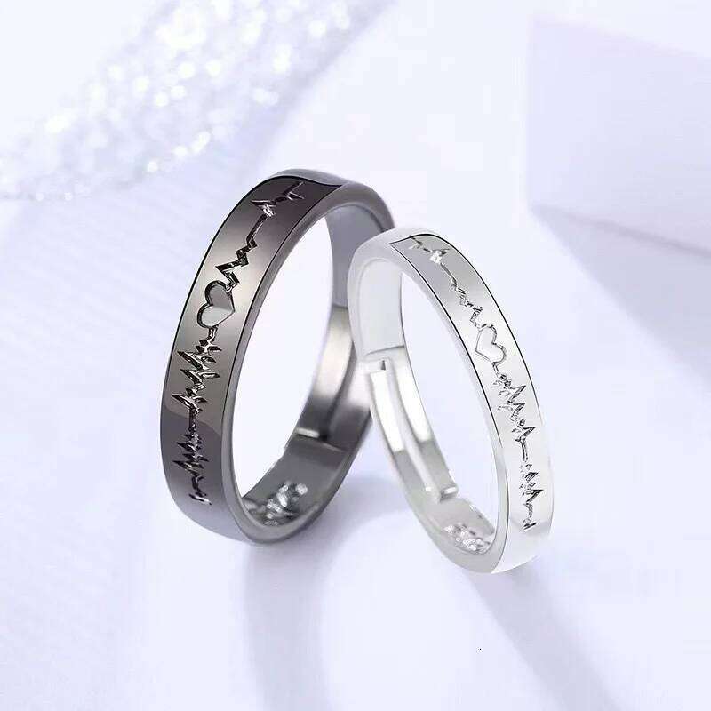 Black and White Electrocardiogram Couple Matching Student Friendship Rings, Simple Ins-Style Versatile Valentine's Day Gift, High-End W260206