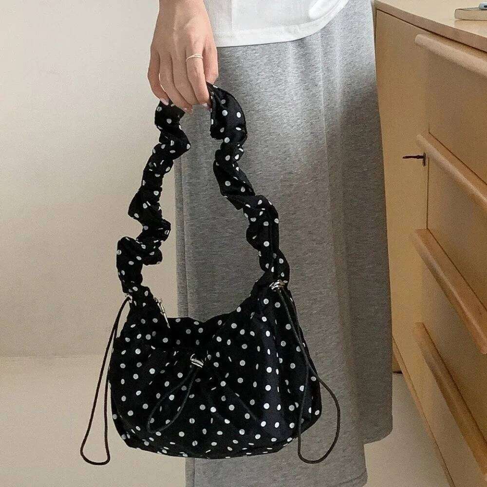 Women Polka Dot Underarm Large Capacity Crossbody Retro Drawstring Pleated Dumpling Bag for Outdoor Travel Clutch Purse Y260205