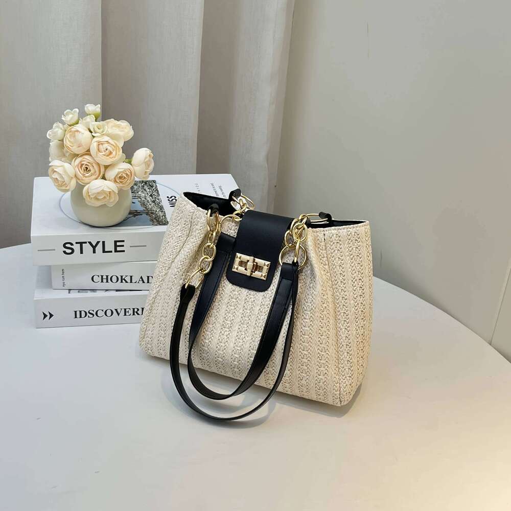 Elegant Women's Fabric Shoulder Bag with Adjustable Chain Strap Front Flap Button Closure Professional Use, Woven Handbag Y260205