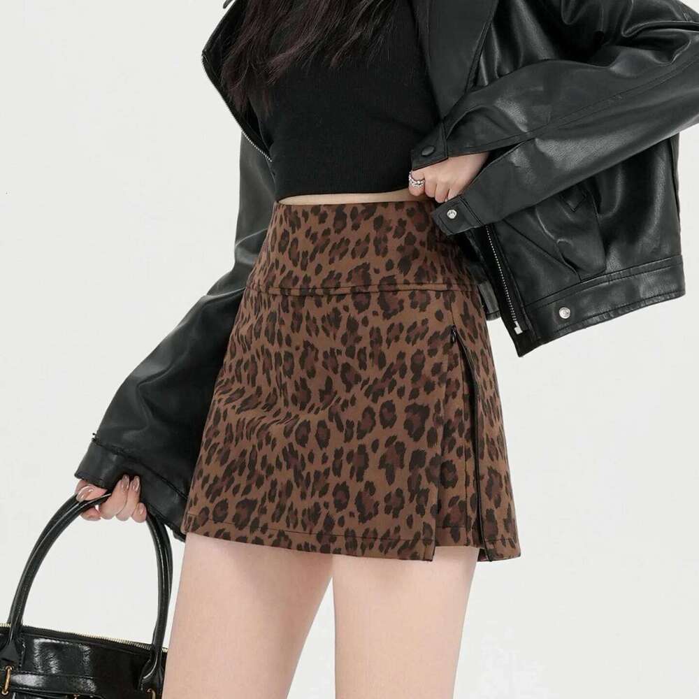 Retro Leopard Print Skirt High Waist Slim Fit A-Line Split Women's Autumn Winter New Sle Sexy Girl Anti-Light A-Word S... XJ260206