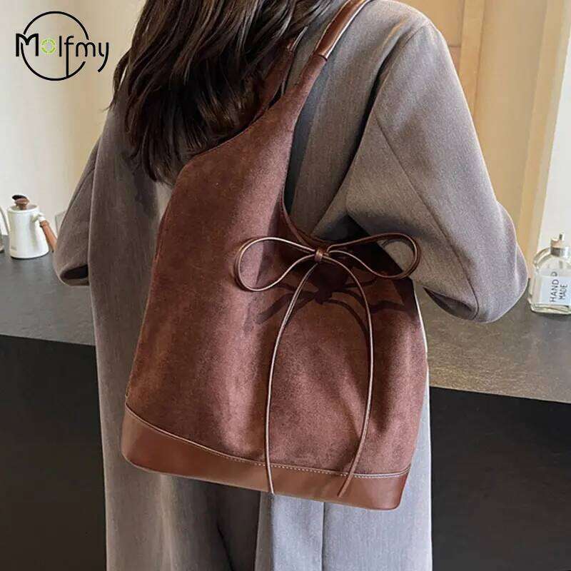 Vintage Women's Bags Frosted Large Capacity School Shoulder Autumn Winter Faux Suede Tote Bucket Bag Lady Commuter Handbags Y260205