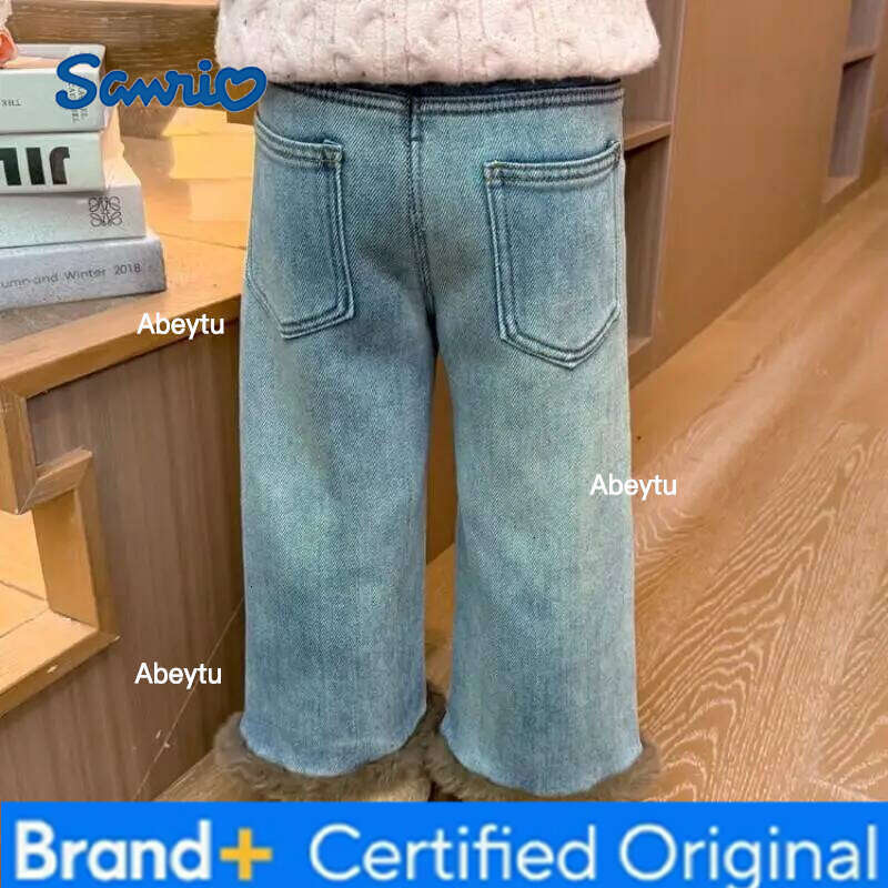 Sanrio Hello Kittys Girls Jeans Autumn Winter New Wide Leg Pants Leisure Fashion Keep Warm Plus Velvet Kawaii Cartoon H260206