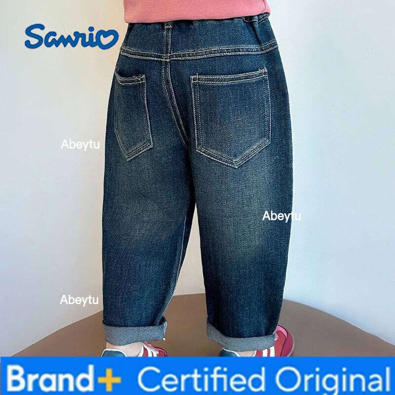 Sanrio Spring Autumn Girls Denim Pants Fashion Cartoon Hello Kitty Loose Straight Casual Trousers For 2-8 Years Kids Children Clothes H260206