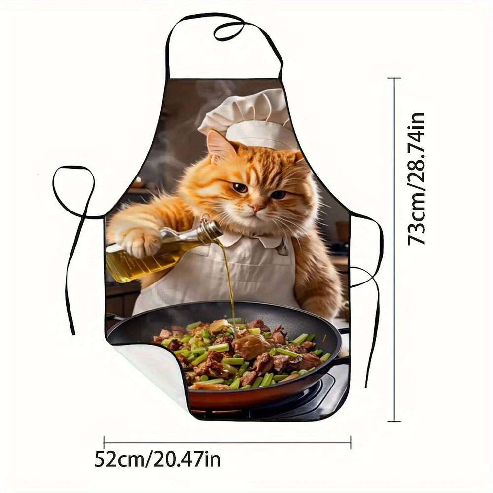 1pc Whimsical Cat Chef Apron - Playful Orange Tabby Cooking Design, Polyester, Short Sleeve, Lightweight, Ideal for Home Baking S260205