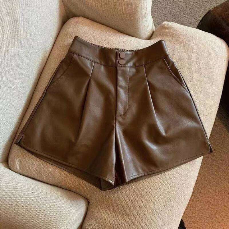Kids Girls PU Leather 2024 Spring Autumn High Waist Casual Loose Pants Black Coffee Apricot Teenage Wide Leg Shorts XJ260206