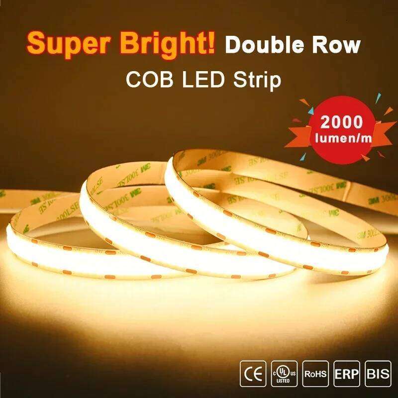 Double Row Super Bright COB LED Strip 600 LEDs/m Flexible Ribbon Tape Linear Dimmable 3000K 4000K 6500K RA90 Led Lighting Z260206