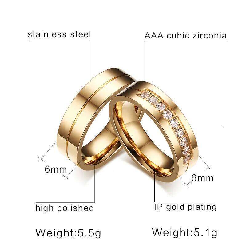 1Piece Titanium Stainless Steel Gold Silver Tone Plated Ring Men Women Rhinestone Cubic Zircon Lover Couple Finger Jewelry Gift W260206
