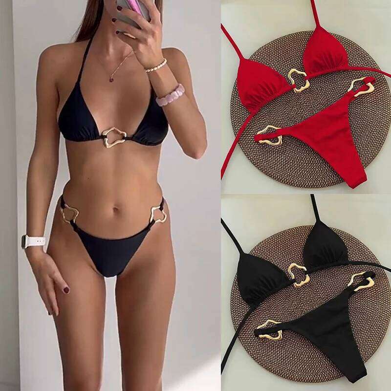 Sexy Solid Color Halter String Triangle Two Piece Bikini Trendy Metal Buckle For Women Summer Beach Lace-up Swimsuit Z260206