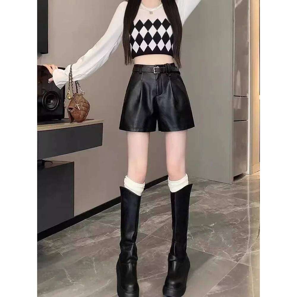 Autumn Winter PU Leather Wide Leg Short Women's High Waist Slimming Design Casual Loose Base Layer Bootcut Pants XJ260206